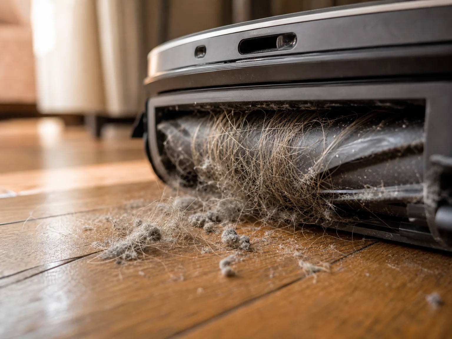 Close-up of a robot vacuum brush lifting pet hair from a hardwood floor with visible dust and fur being pulled into the suction inlet