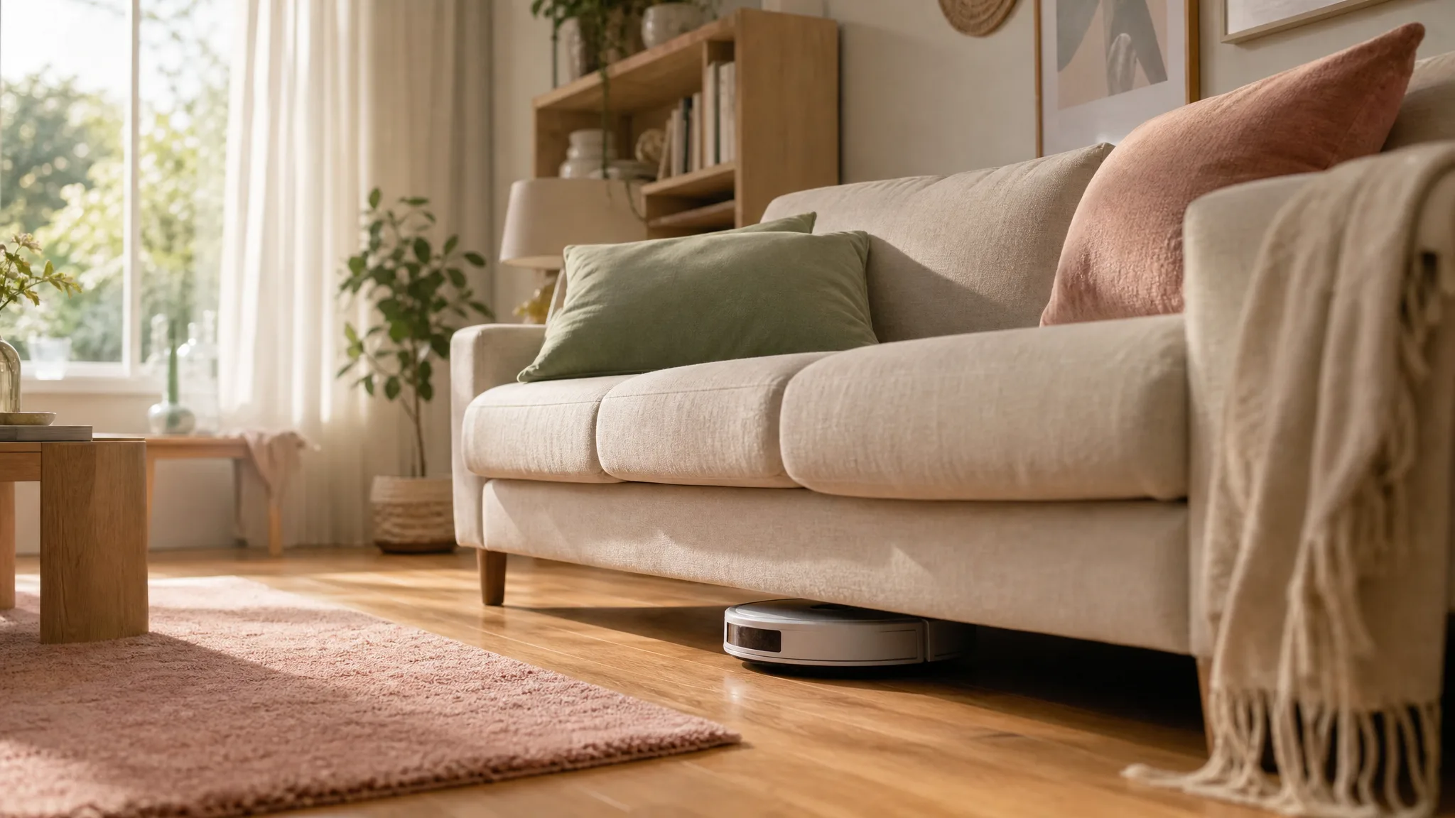 A slim robot vacuum gliding under a modern sofa in a sunlit living room with cream walls and hardwood floors