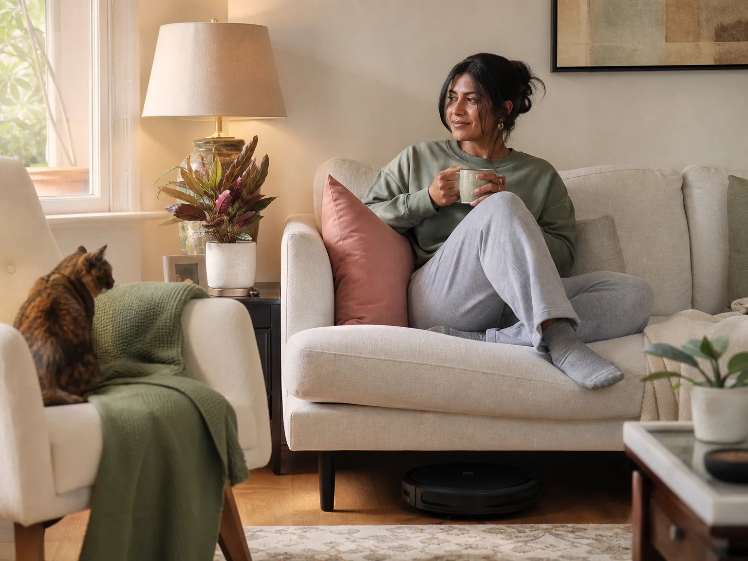 A woman relaxing on a cream sofa while a slim robot vacuum cleans the hardwood floor beneath her, cat watching from a nearby chair