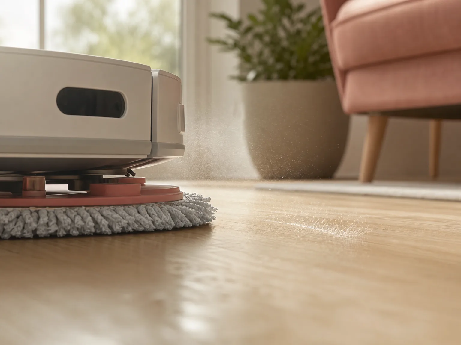 Close-up of a robot mop pad and floor spray mist on sealed light hardwood in warm window light