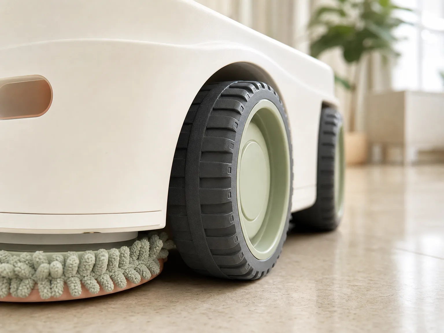 Close-up of worn rubber drive tires on a small white robot mop chassis on cream tile