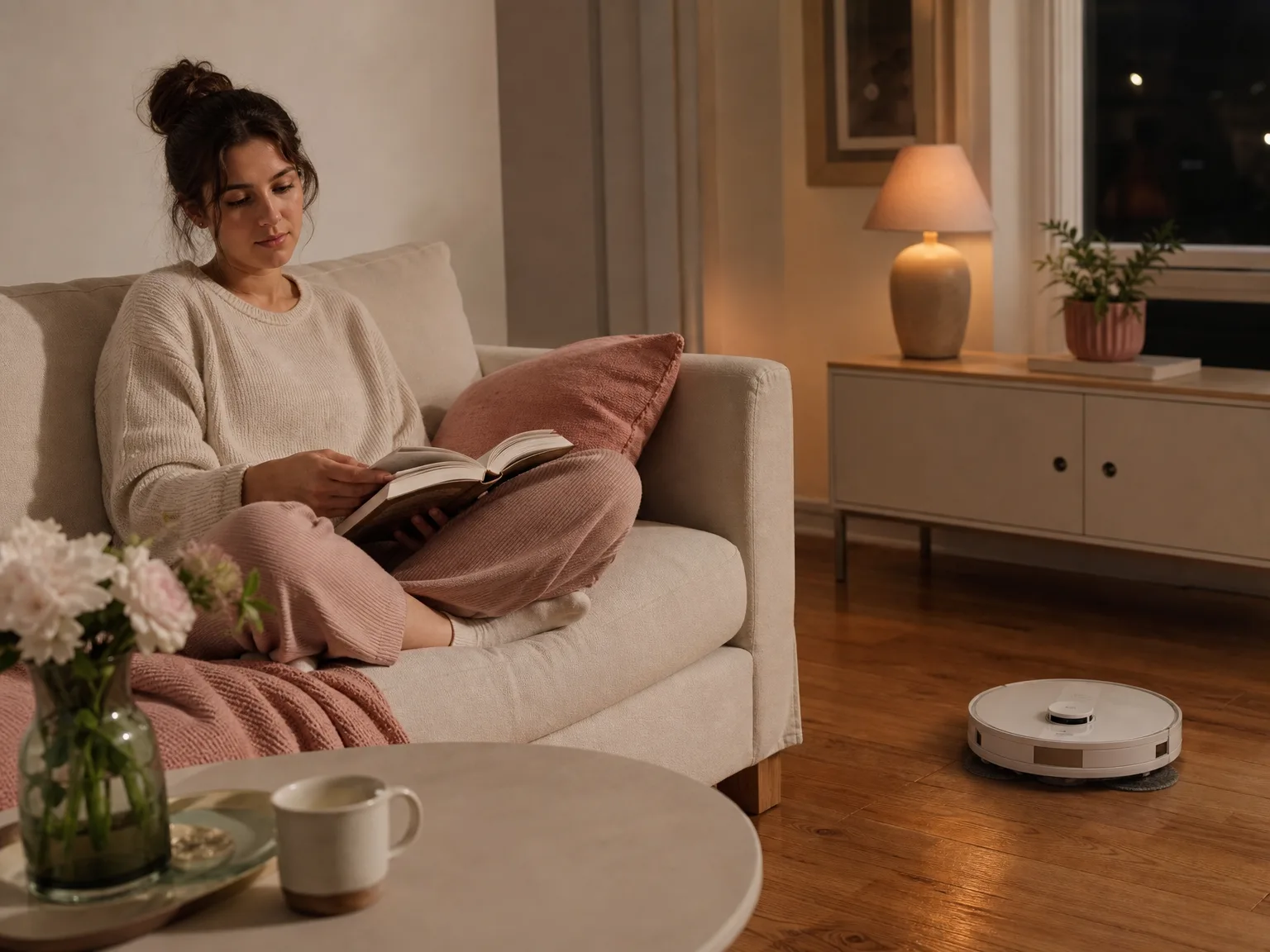 Woman reading on a cream sofa at night while a low white robot mop cleans sealed hardwood nearby