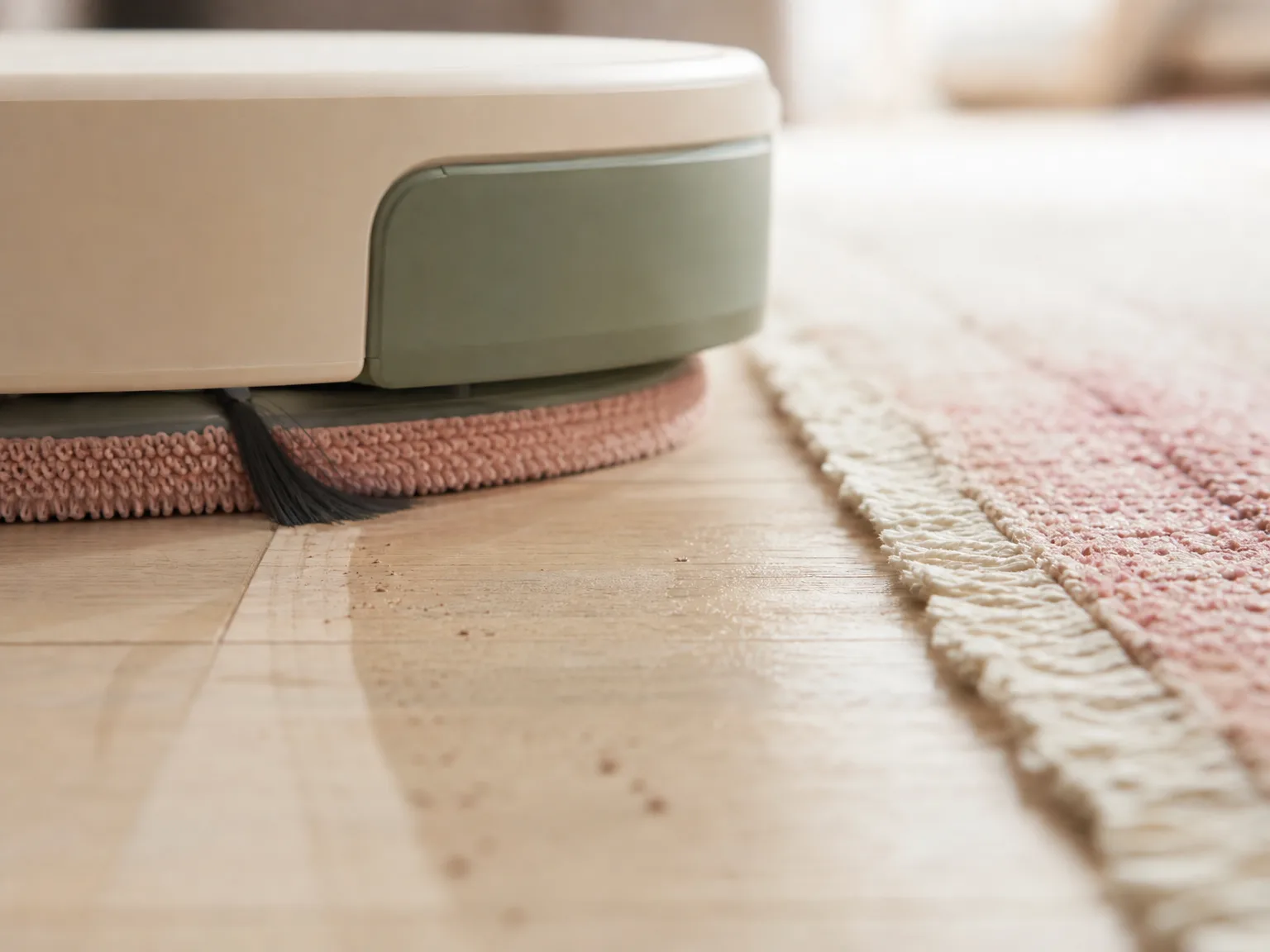 Close-up of a robot vacuum mop pad and brush edge on cream hardwood beside a low-pile rug, warm morning window light