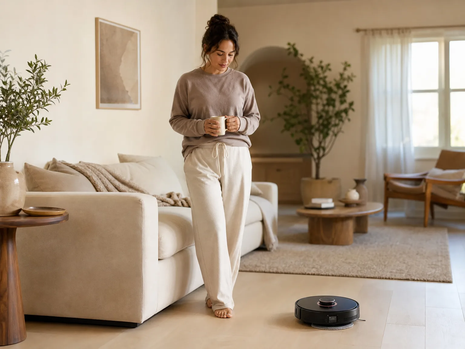 A woman in casual loungewear in a sunlit living room while a round robot vacuum mops cream hardwood near a low-pile rug