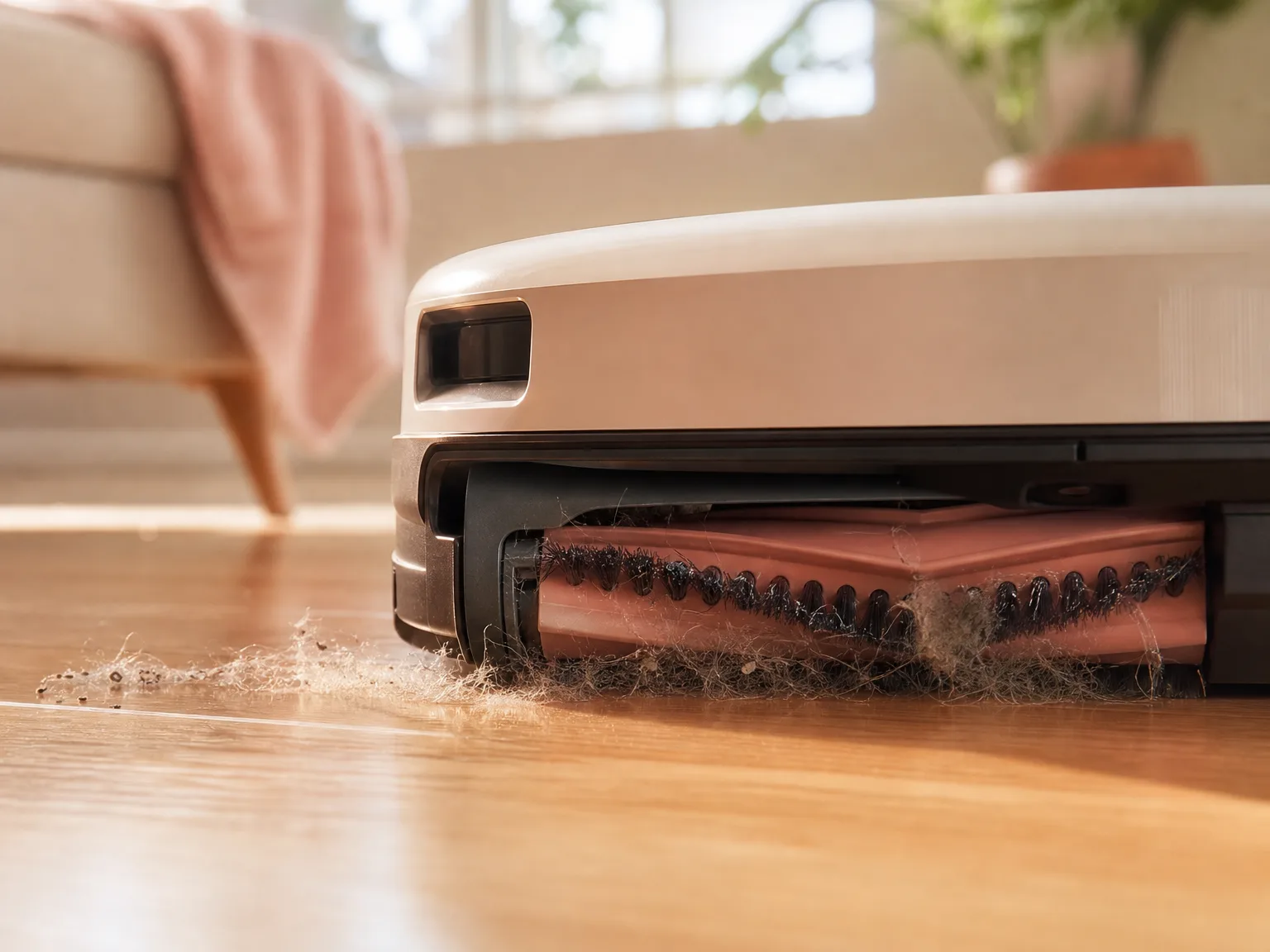 Close-up of a robot vacuum brush roller lifting pet hair and debris from a hardwood floor, warm morning light, shallow depth of field