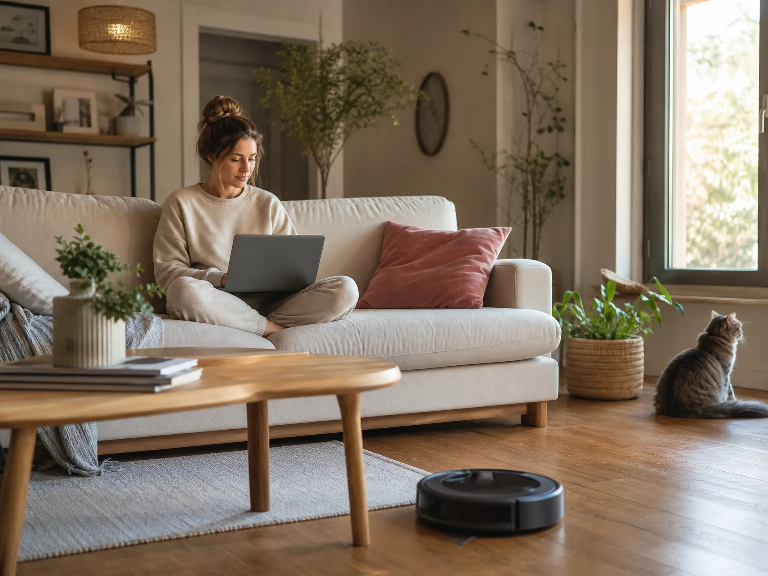 A robot vacuum cleaning a sunlit hardwood floor in a modern living room with a cream sofa, a cat watching from a distance, warm natural window light