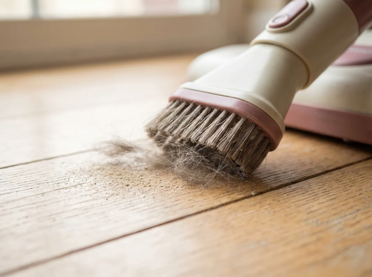 Close-up of a robot vacuum brush picking up fine dust and cat hair from a hardwood floor in warm morning light