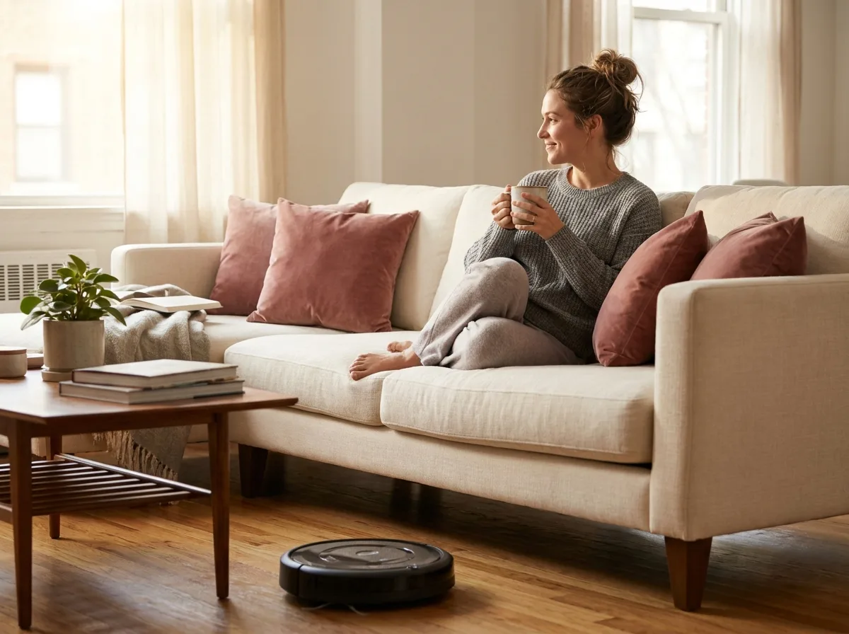 A woman in casual loungewear relaxing on a cream sofa while a robot vacuum cleans the hardwood floor in a warm sunlit living room