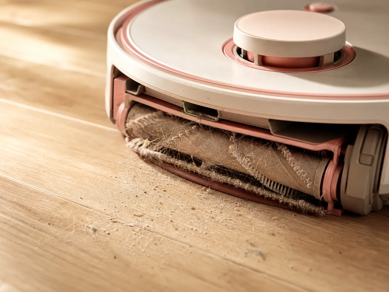 Close-up of a robot vacuum brush roller and sensor on a hardwood floor with morning light, fine cat hair particles visible on the wood