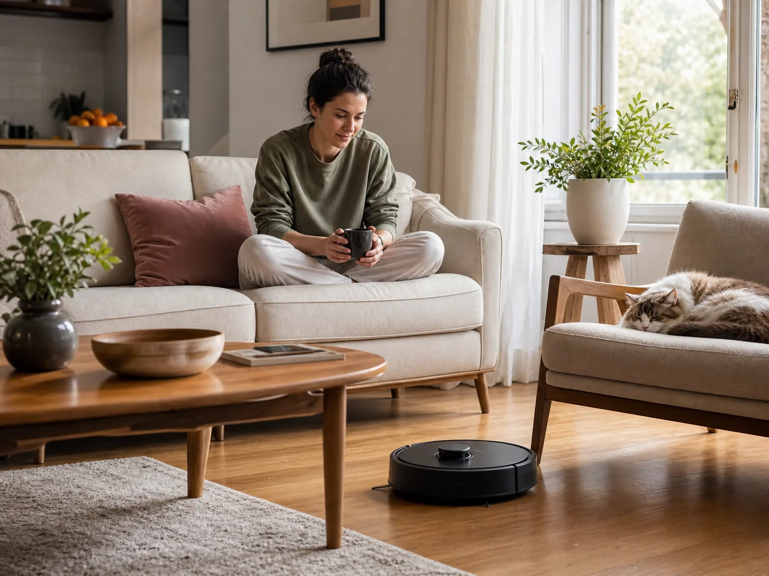 A robot vacuum cleaning a warm cream hardwood floor in a sunlit living room with a low-pile area rug, natural morning light through windows, lived-in home setting
