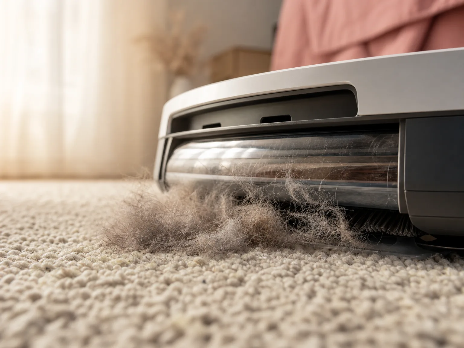 Close-up side angle of a robot vacuum brush lifting visible dust and cat hair from a beige rug, warm window light, shallow depth of field