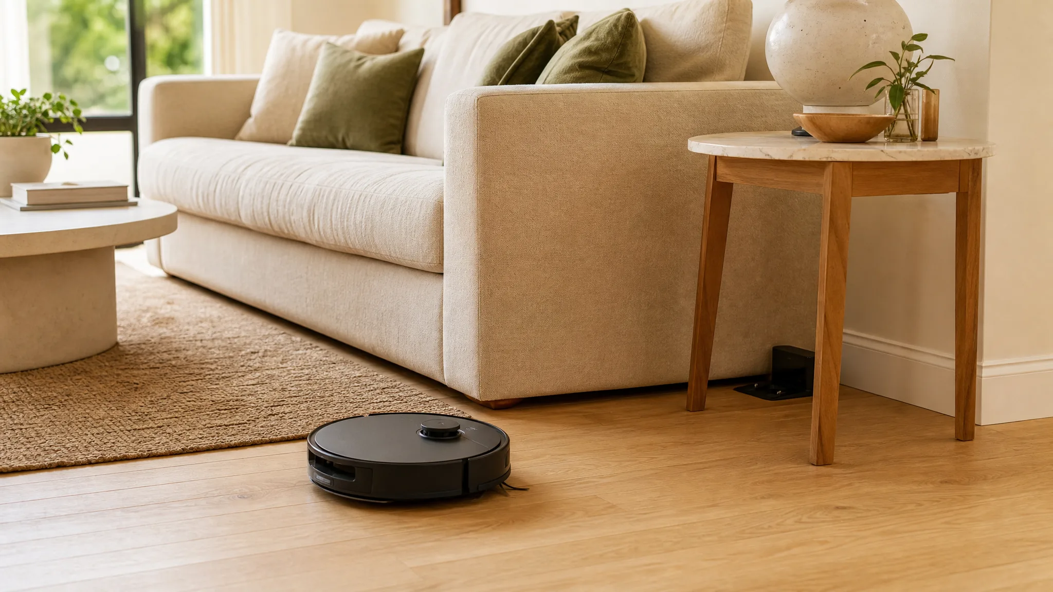 Robot vacuum on a warm cream hardwood floor in a sunlit modern apartment living room, compact charging pad tucked against the baseboard, natural morning light through a large window