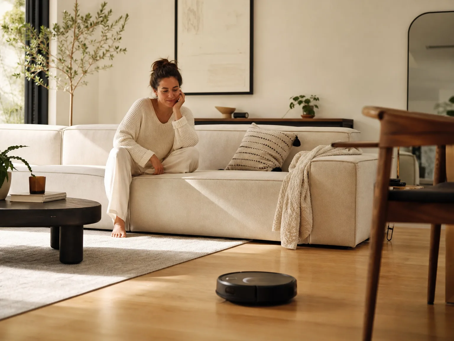 A woman in her early thirties in casual loungewear sitting on a cream sofa, watching a robot vacuum clean a hardwood floor in a bright modern living room, warm natural window light, candid relaxed composition