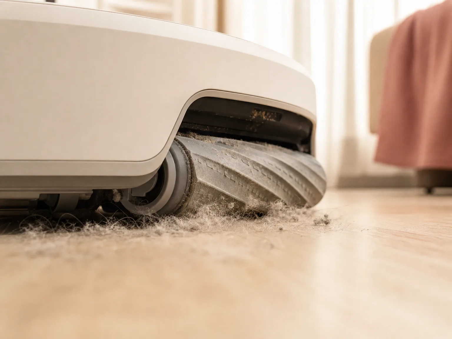 Close-up of a robot vacuum rubber brush roller lifting dust from sealed hardwood in warm window light