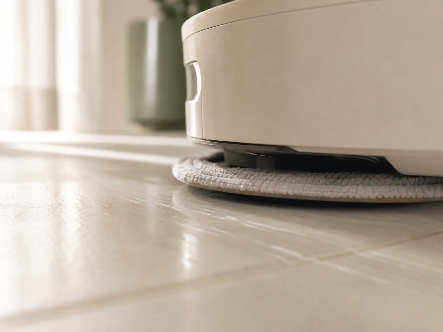 Close-up of a robot vacuum mop pad on sealed tile with faint damp wipe lines in soft morning light