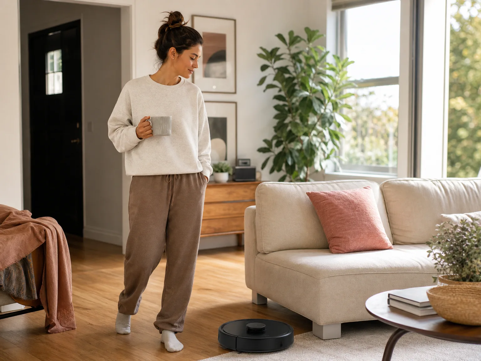 A woman in a sunlit living room while a low-profile robot vacuum cleans hardwood near a cream sofa