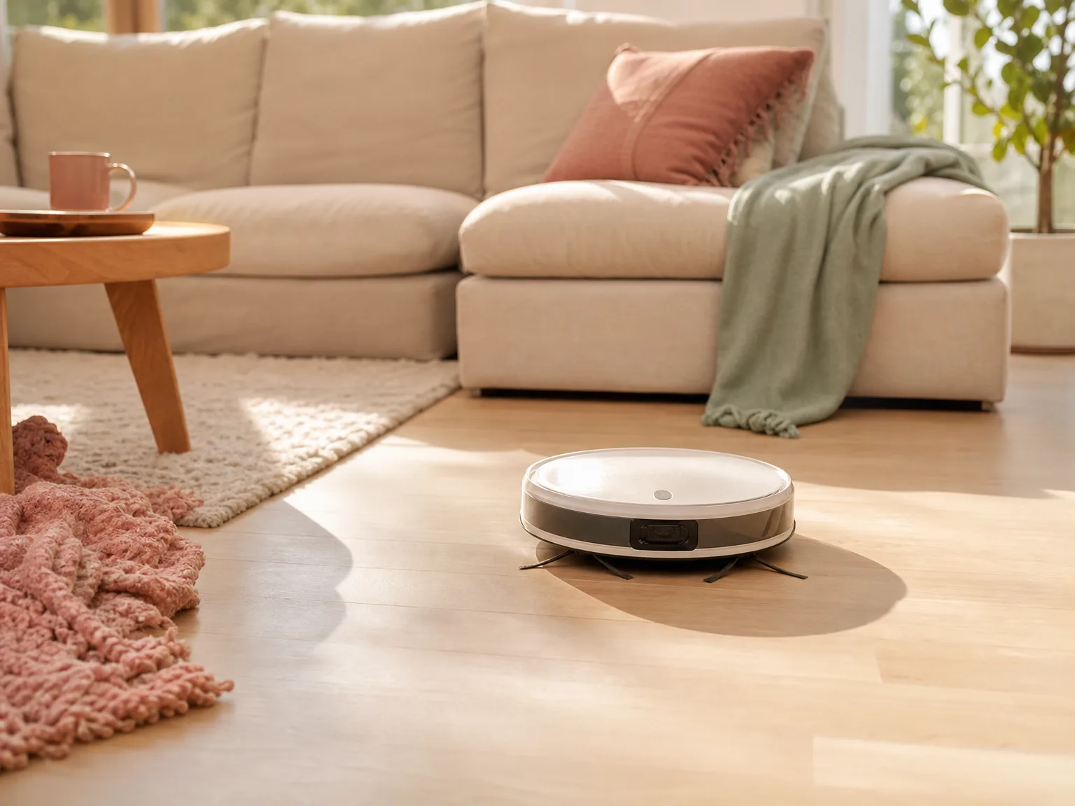 Robot vacuum cleaning cream hardwood near a living room sofa in warm morning light