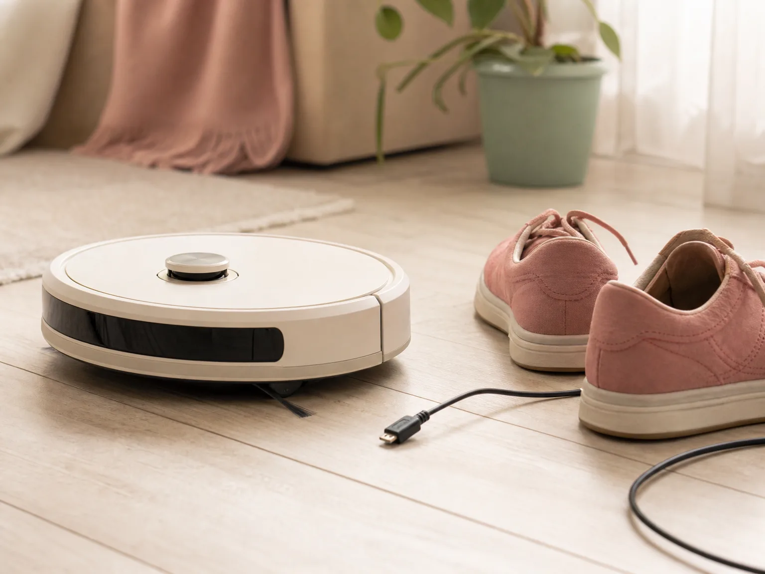 Close-up of a robot vacuum navigating past a charging cable and shoes on a cream hardwood floor in warm window light