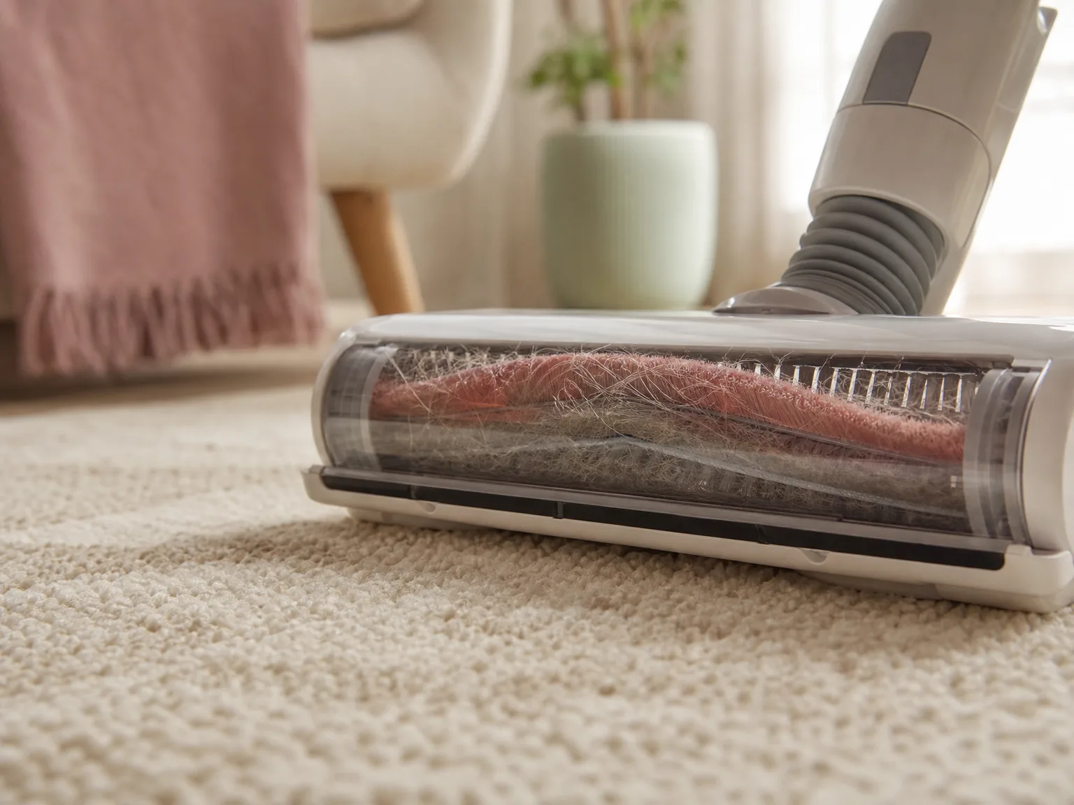 Close-up of a robot vacuum brush head lifting pet hair from a beige rug in warm window light