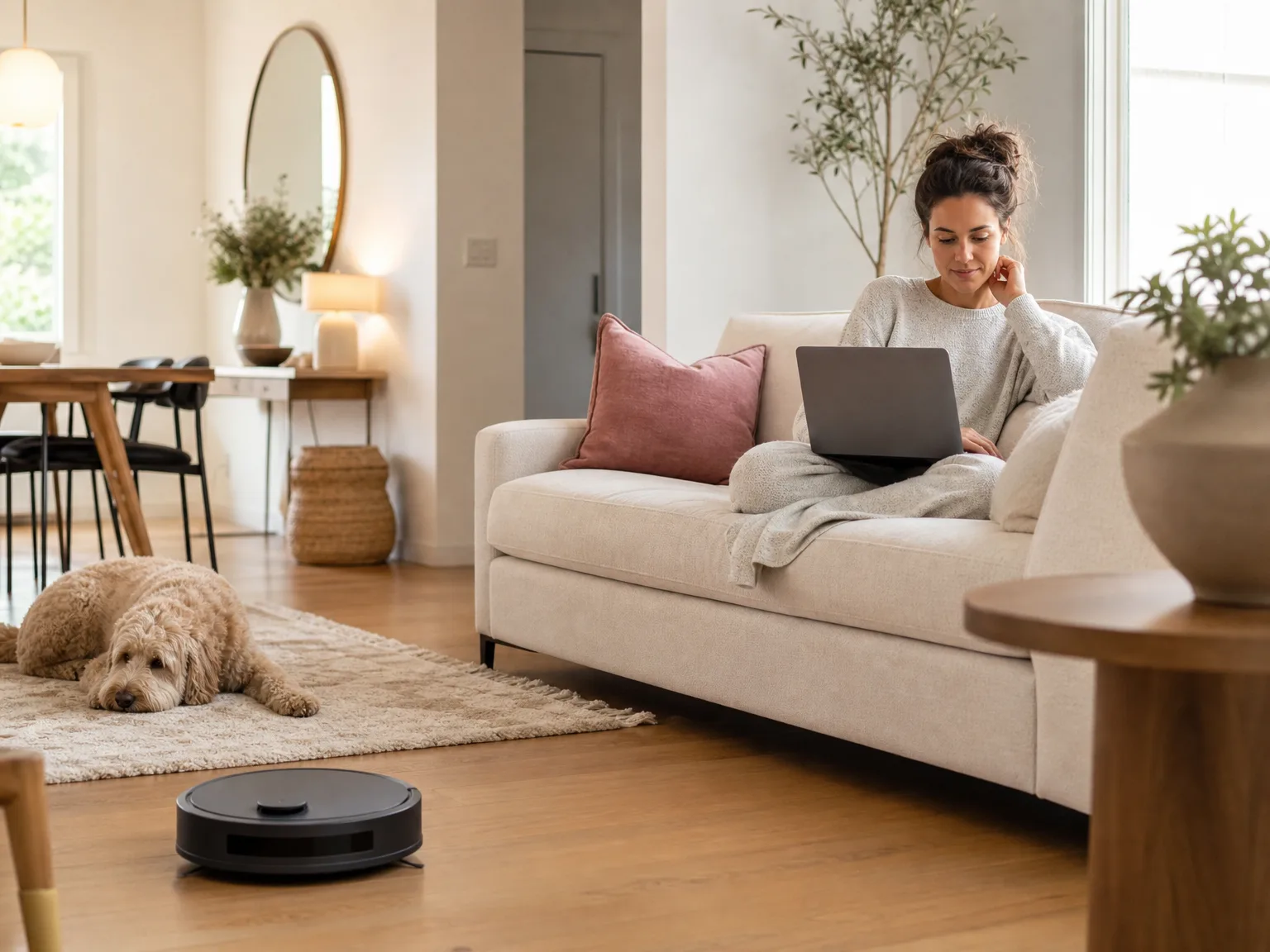A robot vacuum cleaning a sunlit hardwood living room while a woman sits on a cream sofa with a dog nearby