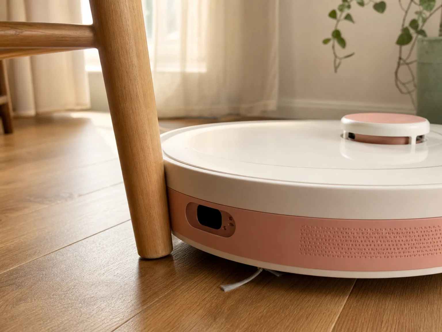 Close-up of a robot vacuum bumper against a chair leg on hardwood with soft morning light