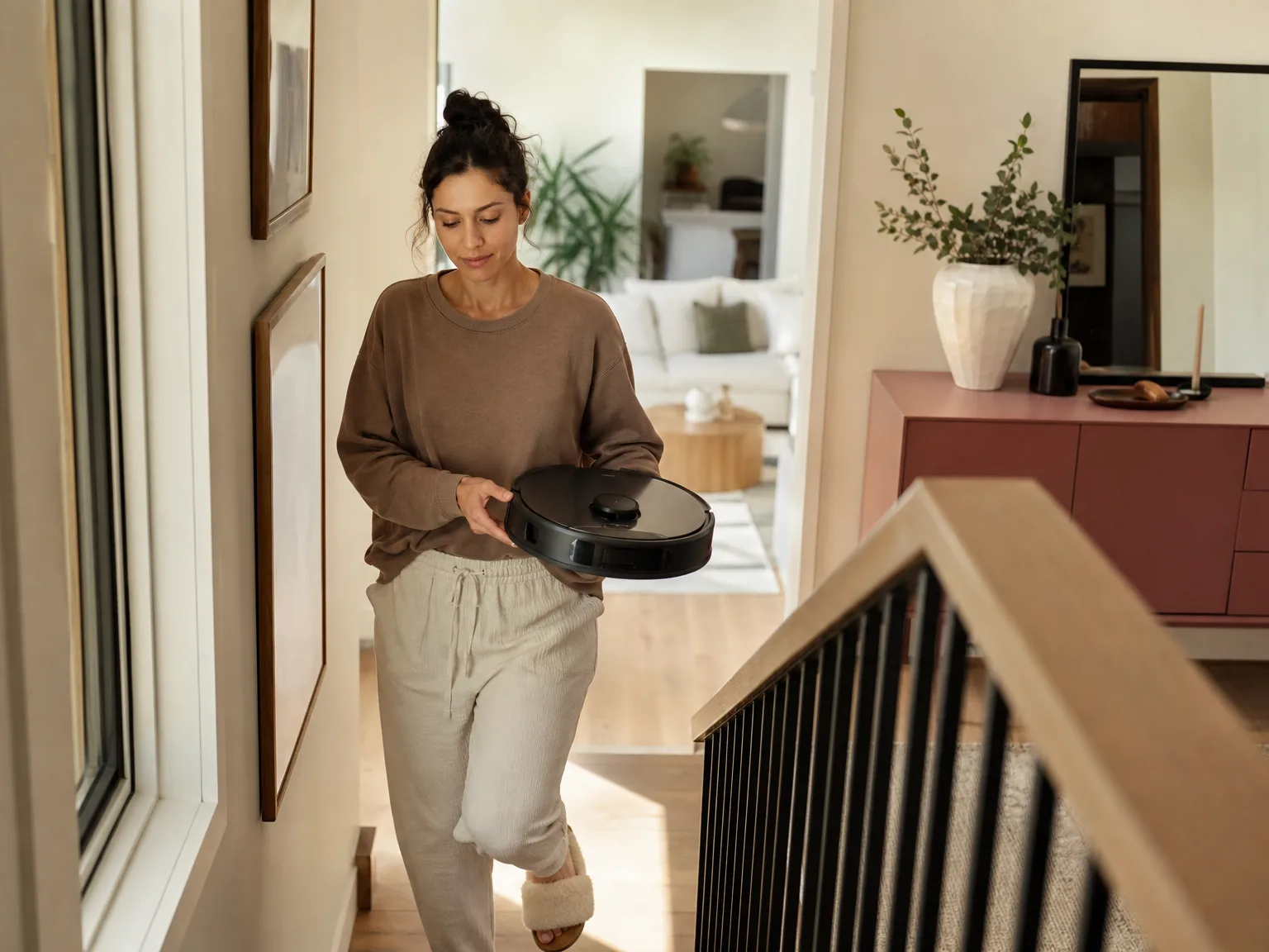 Woman carrying a slim robot vacuum upstairs in a sunlit two-story home hallway with warm cream walls