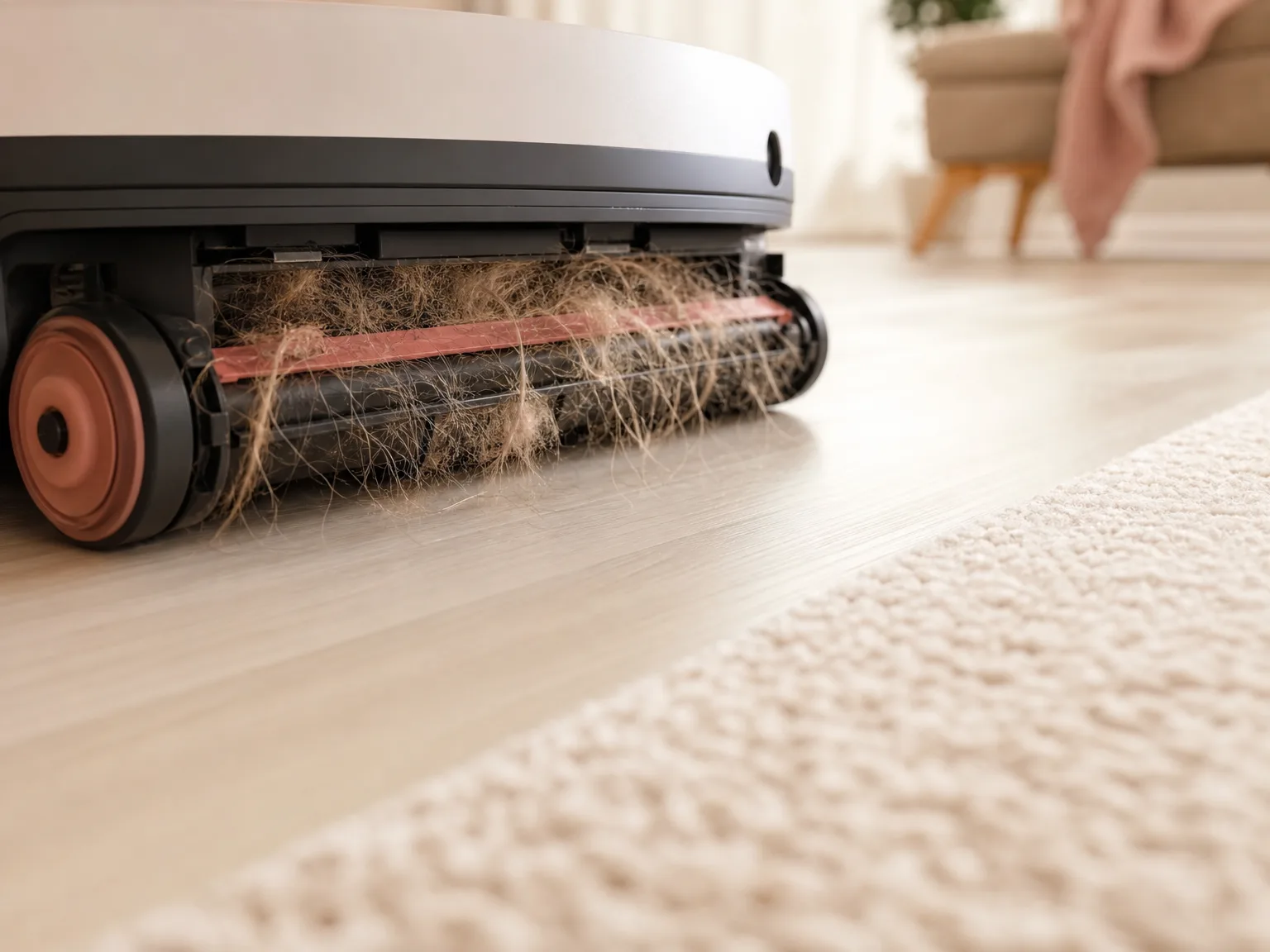 Close-up of a slim robot vacuum brush lifting pet hair from cream hardwood near a rug edge in warm window light