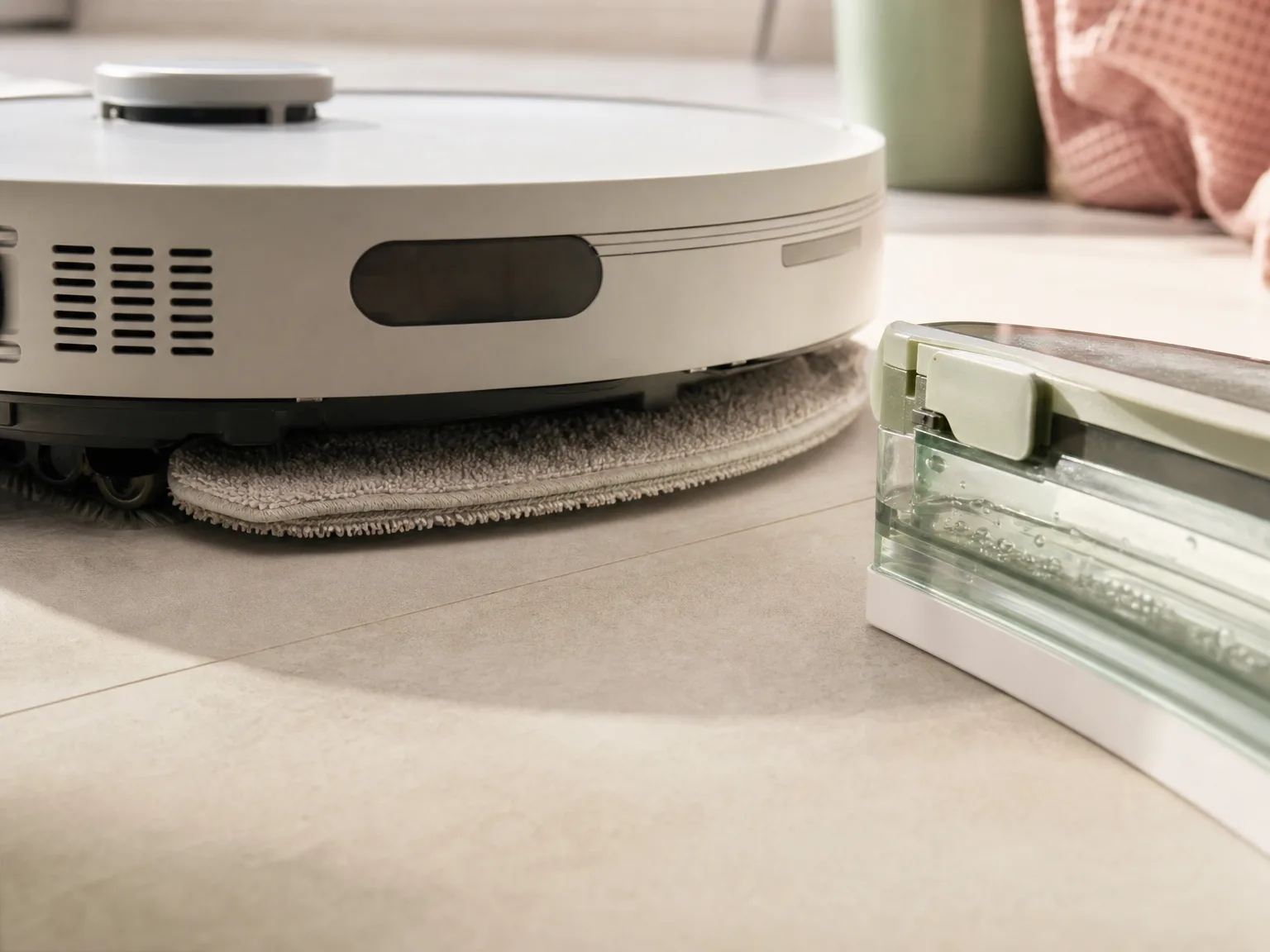 Close-up of a dry robot mop pad on sealed tile with a full water tank nearby in soft morning light