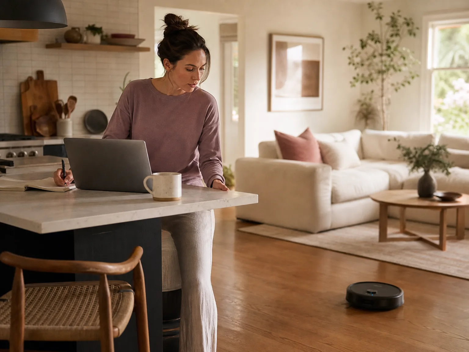 Woman working at a kitchen island while a slim robot vacuum cleans hard floors in a lived-in living area