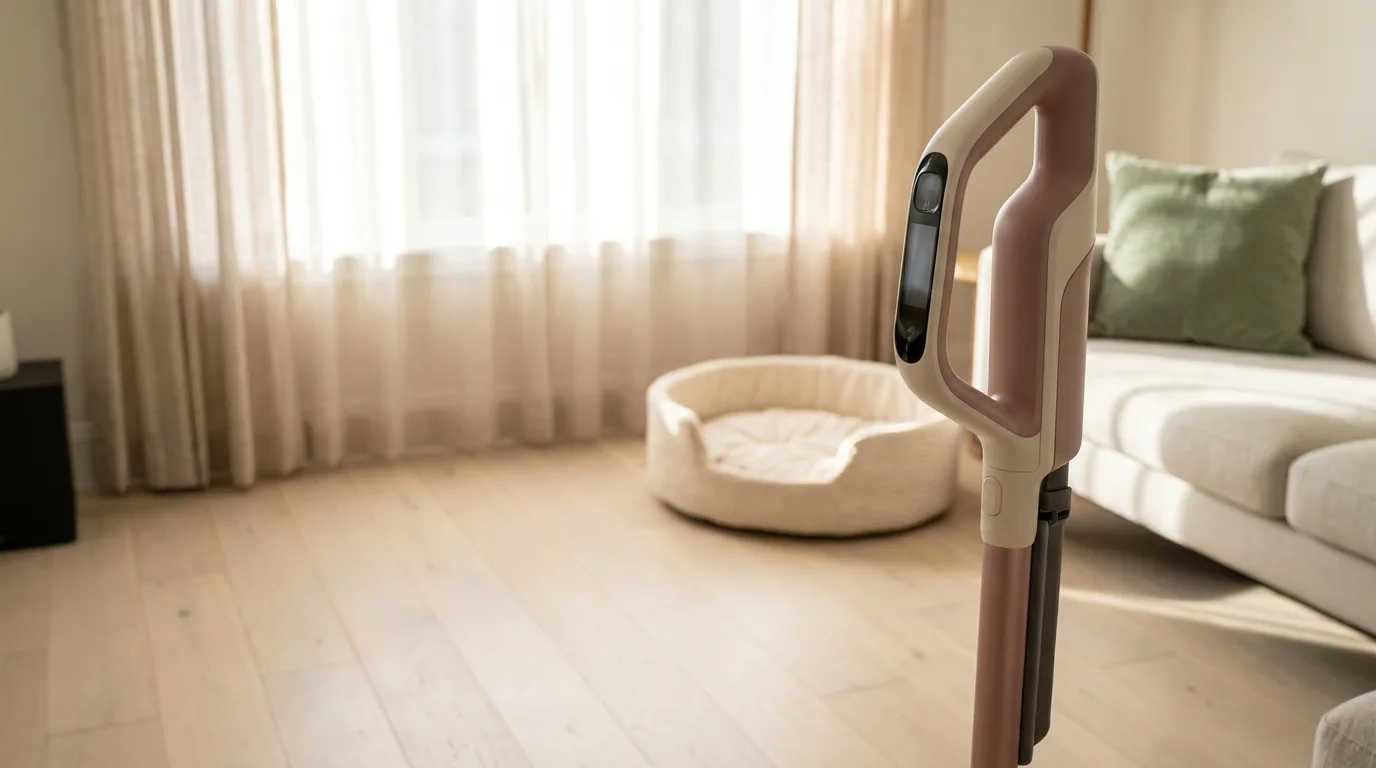 A cordless stick vacuum standing on a cream hardwood floor in a sunlit modern living room with a dog bed in the corner