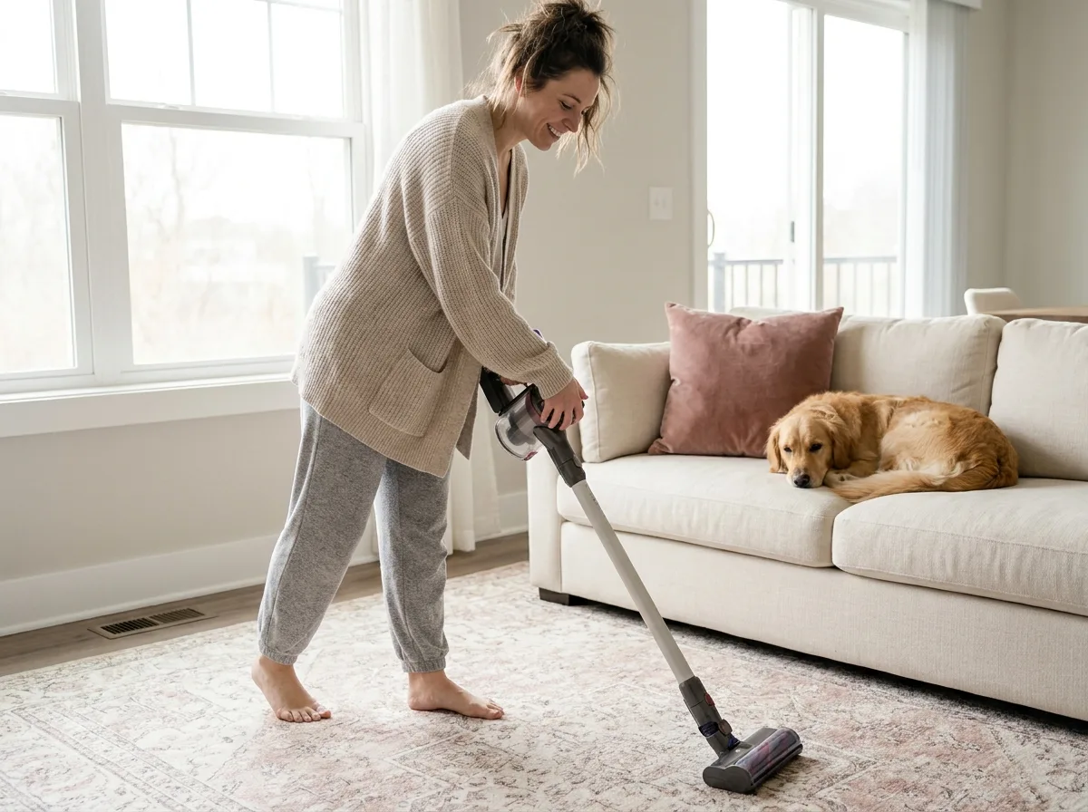A woman in casual clothes vacuuming a low-pile area rug in a bright living room, morning sunlight through a window