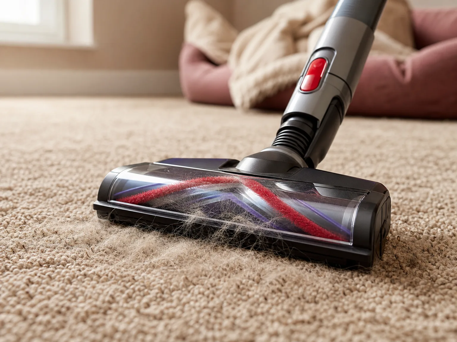 Close-up of the V-shaped anti-tangle brush head lifting visible pet hair from a beige carpet