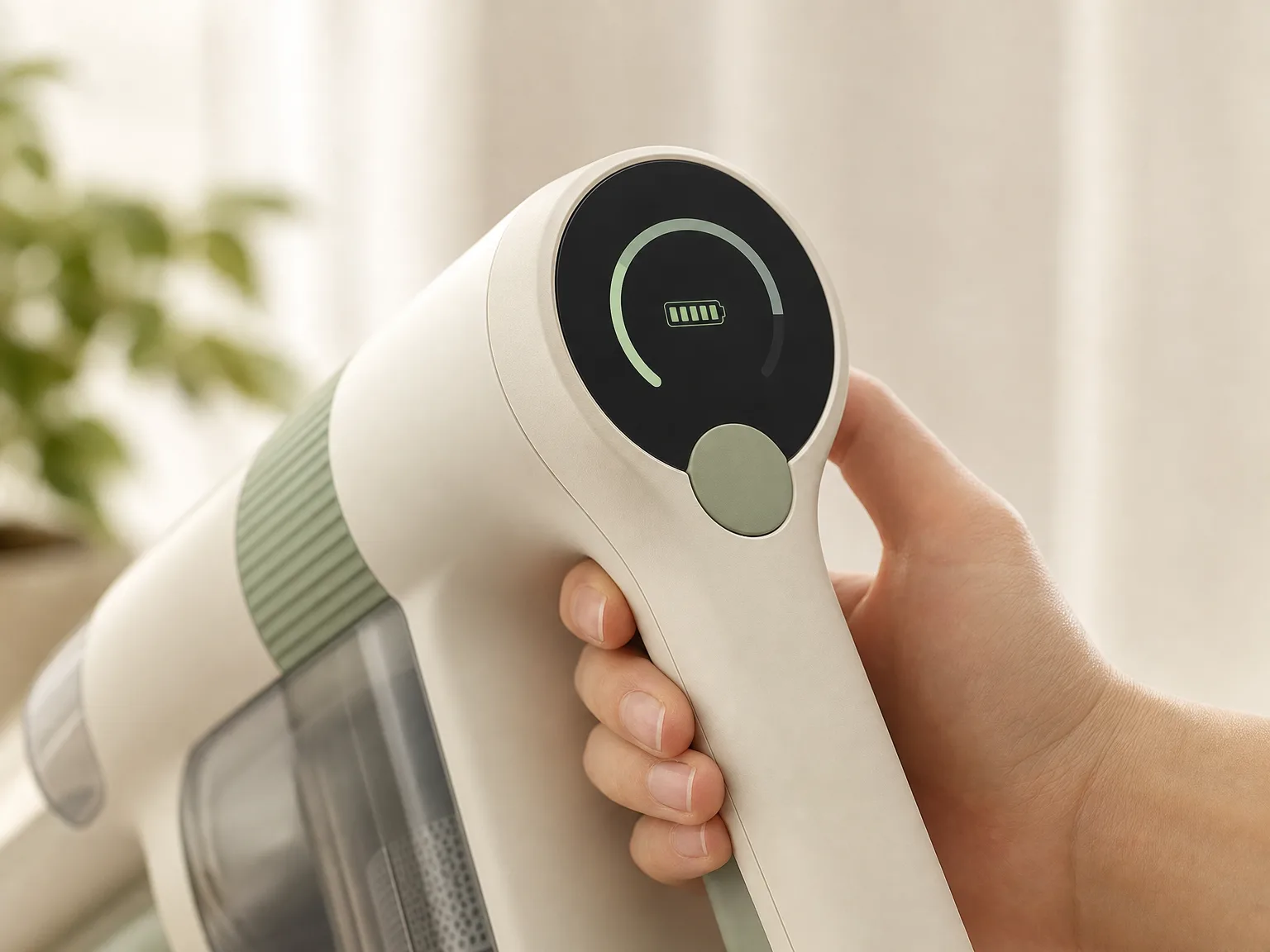 Close-up of the OLED touch screen showing battery percentage and mode indicator on the vacuum handle