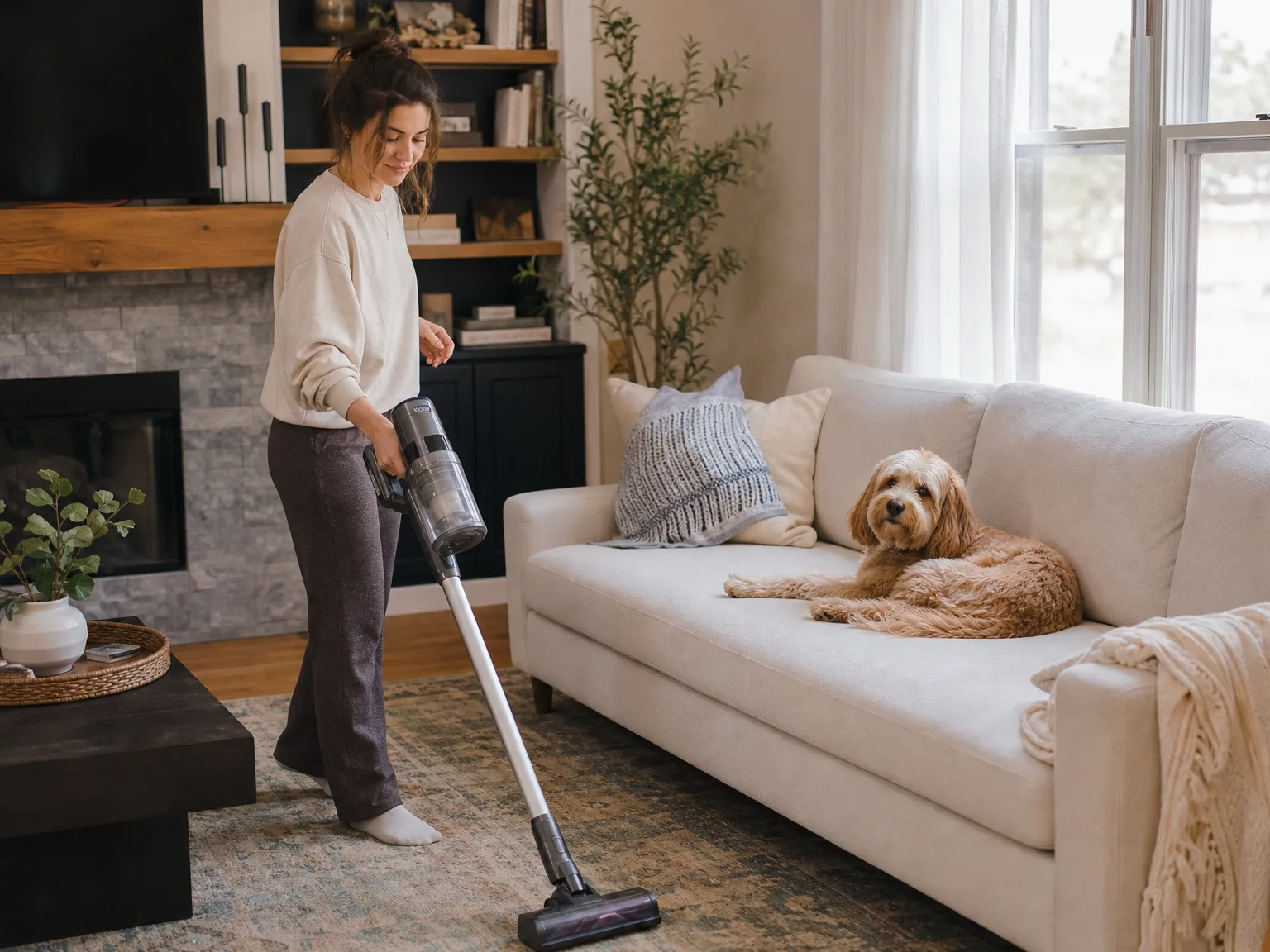 A woman in her early thirties vacuuming a living room rug with a cordless stick vacuum, warm natural light from a window