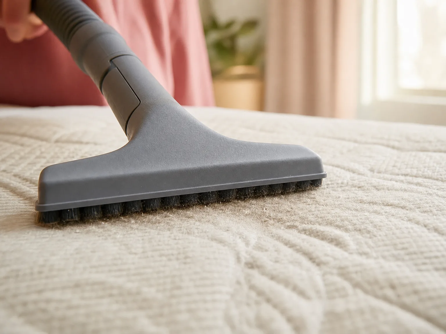 Close-up of a handheld bed vacuum nozzle working across a cream mattress surface in warm window light