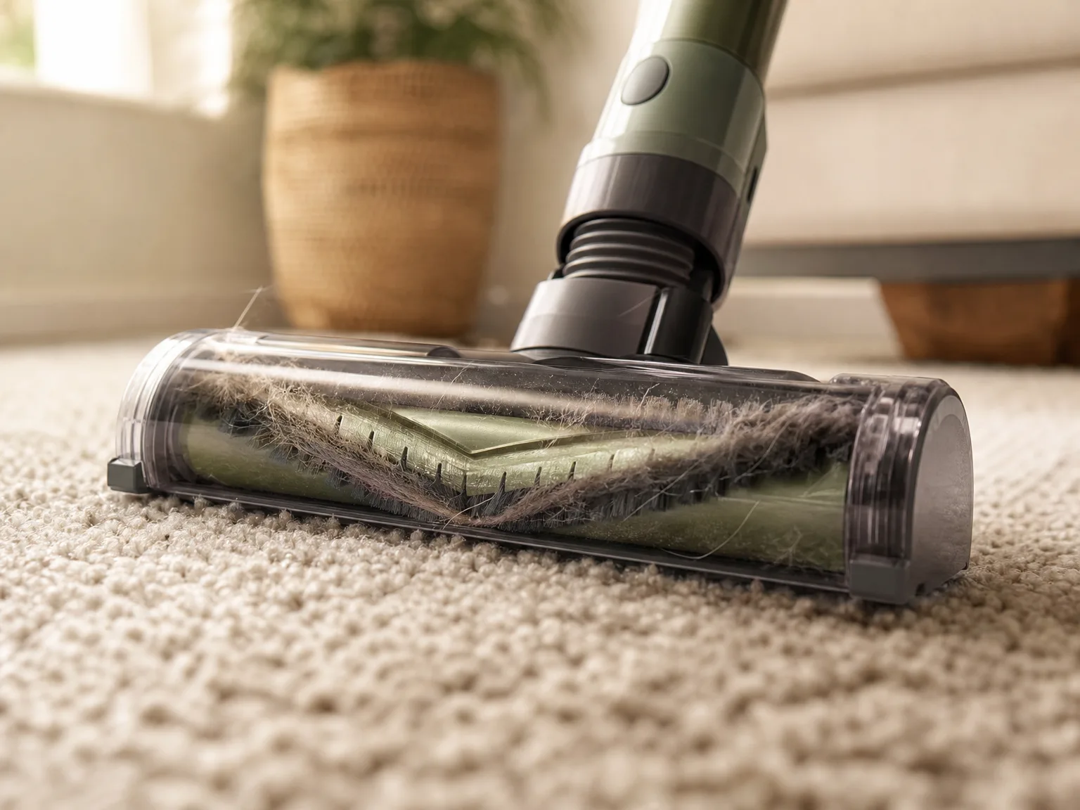 Close-up of the V-shaped anti-tangle brush head lifting visible pet hair from a beige rug, warm natural light, shallow depth of field