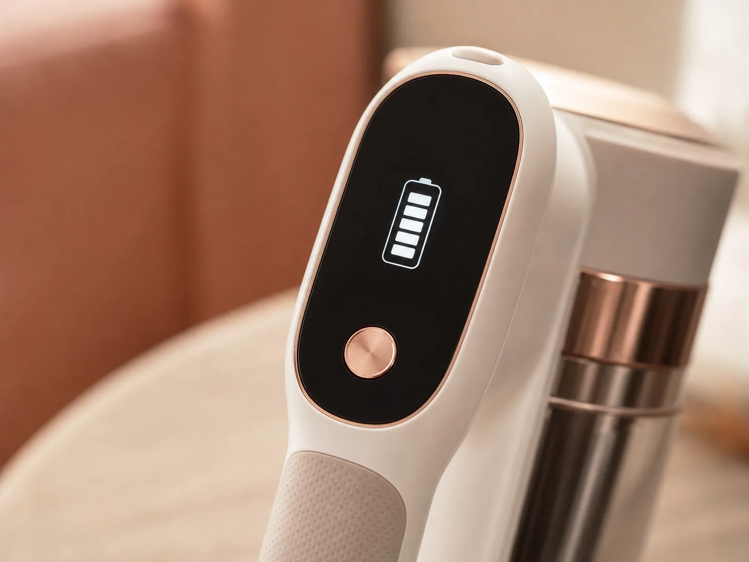 Close-up of the smart LED display on the vacuum handle showing battery level, soft warm light, cream and rose palette