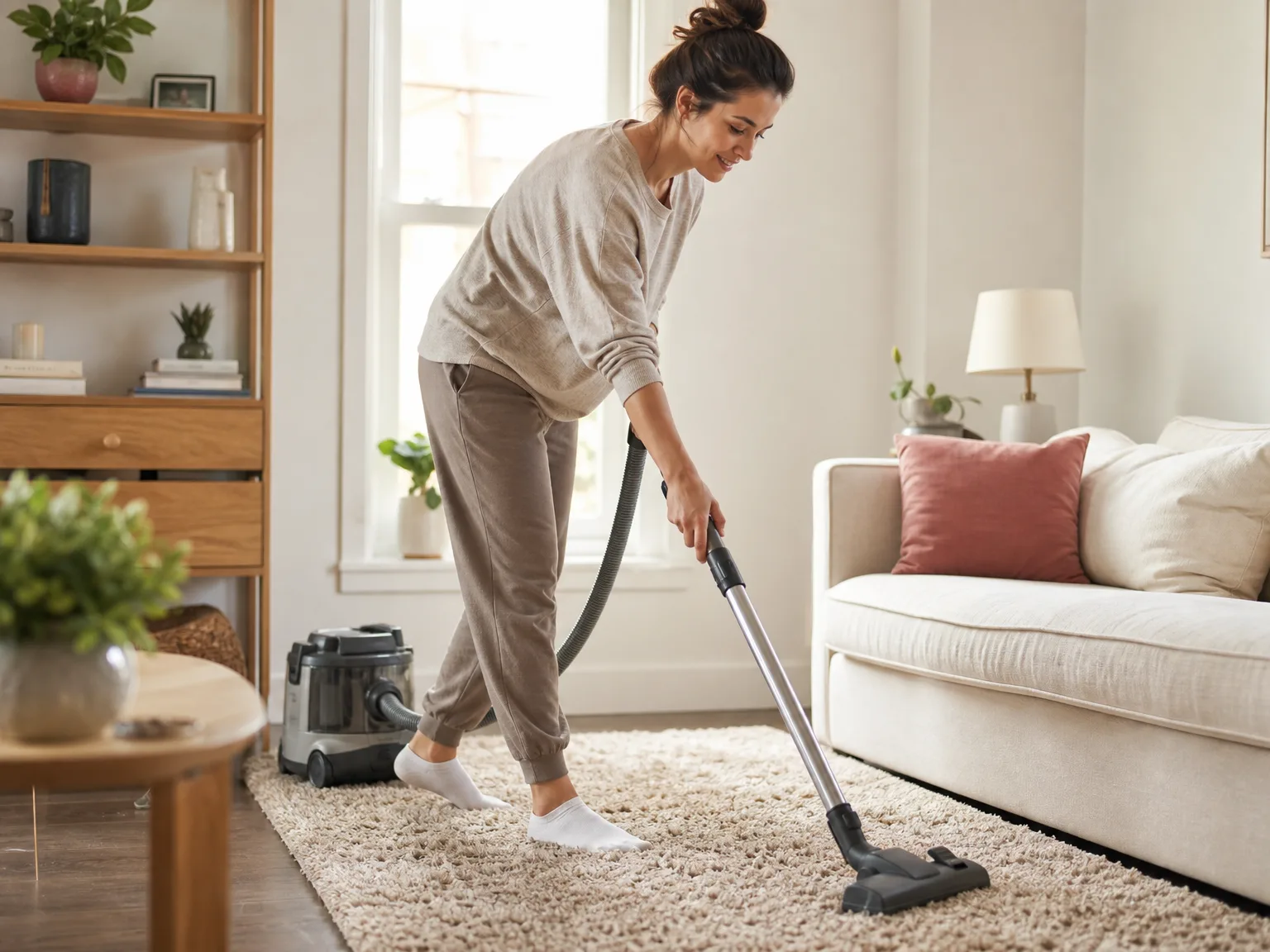 A woman in her early thirties wearing casual clothes vacuuming a living room rug with a cordless stick vacuum, warm morning light from a window, cozy home setting