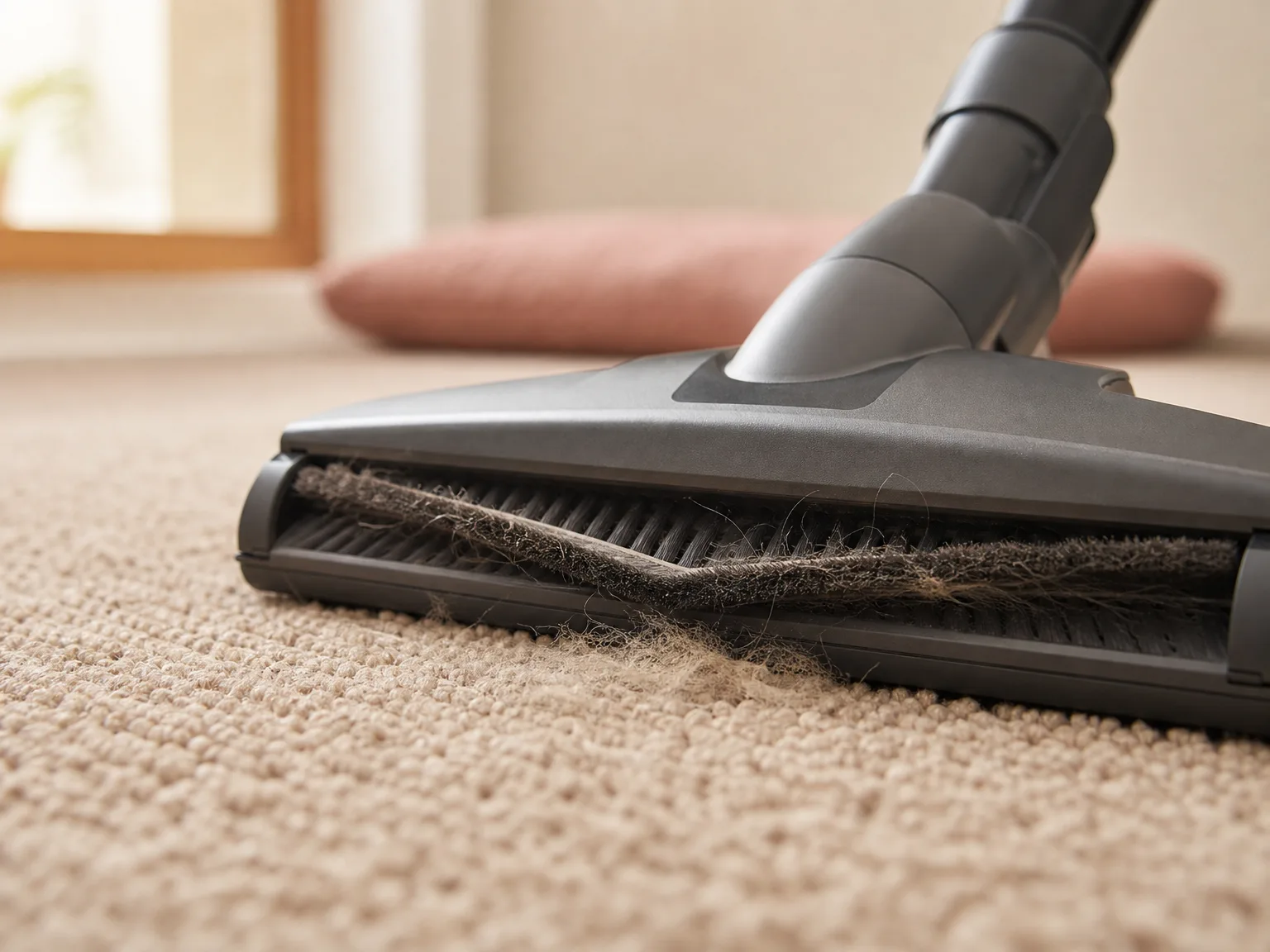 Side view close-up of the V-shaped anti-tangle brush roll lifting pet hair from a beige rug, warm natural light, documentary style photography