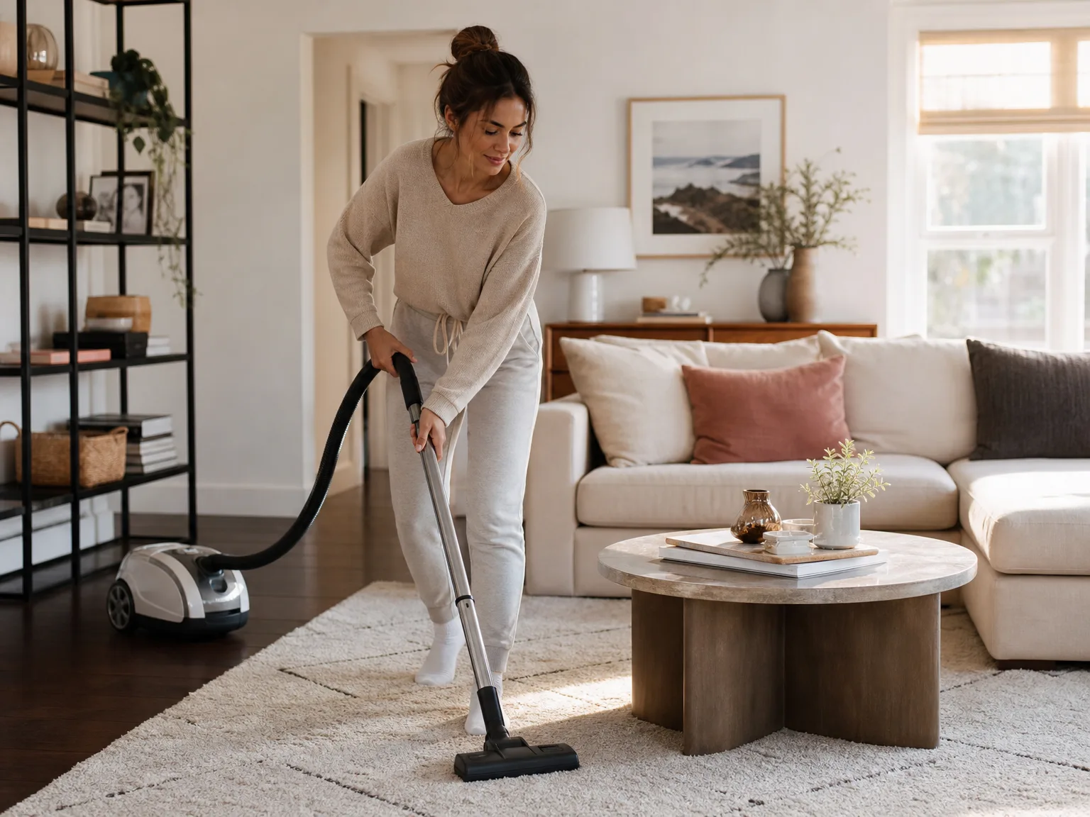 A woman in her early thirties vacuuming a low-pile rug in a bright modern living room with a cream sofa, warm natural light, candid lifestyle photography