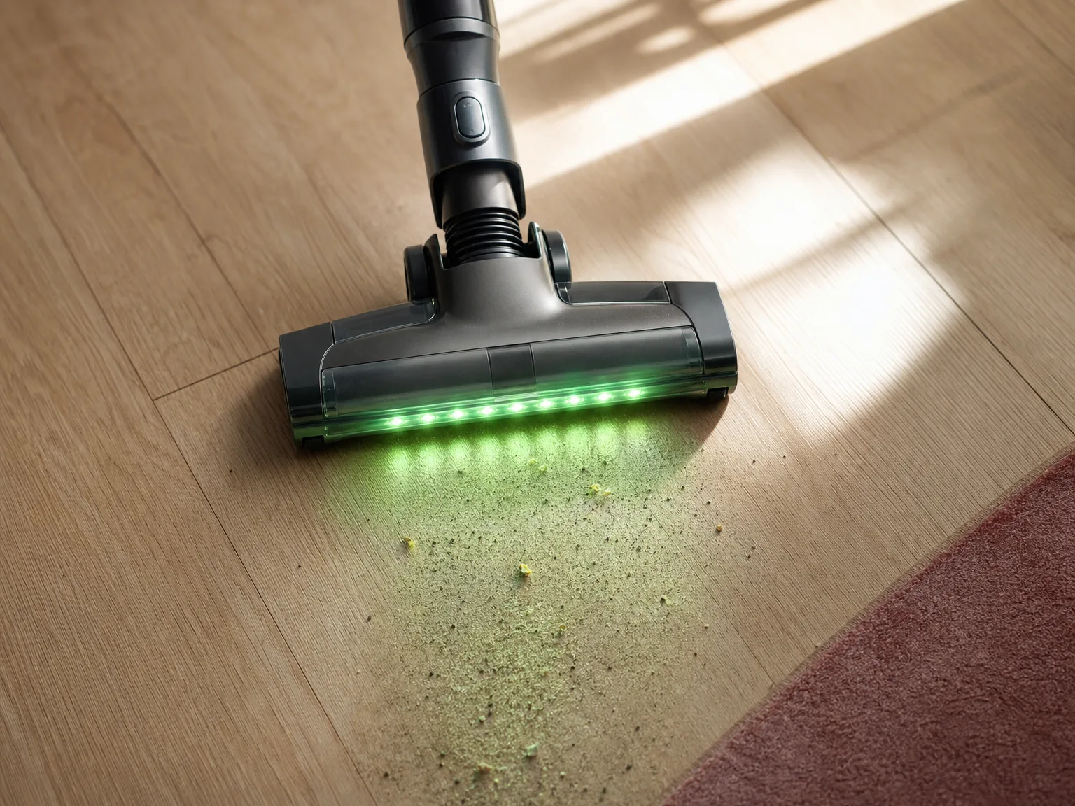 Close-up of a vacuum brush head with green LED light illuminating dust on a hardwood floor