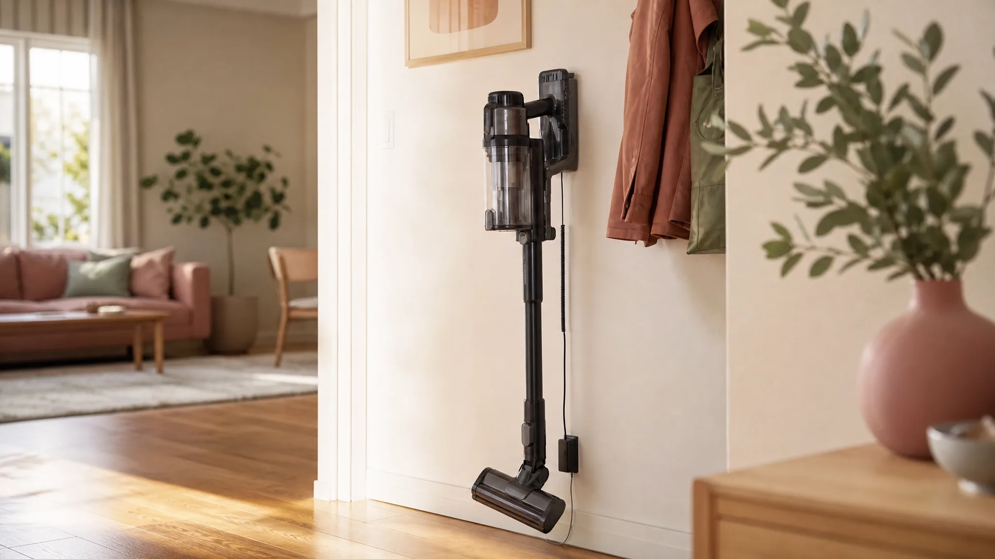 KARDV 500W cordless stick vacuum leaning against a cream wall in a bright modern apartment with warm hardwood floors