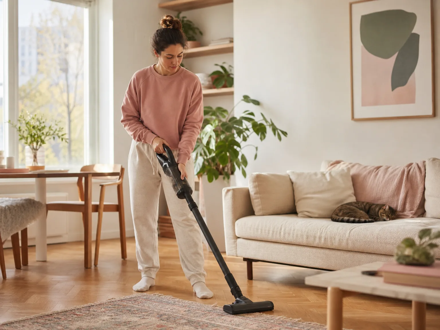 A woman in casual loungewear vacuuming a hardwood floor in a bright modern apartment, warm morning light from a window