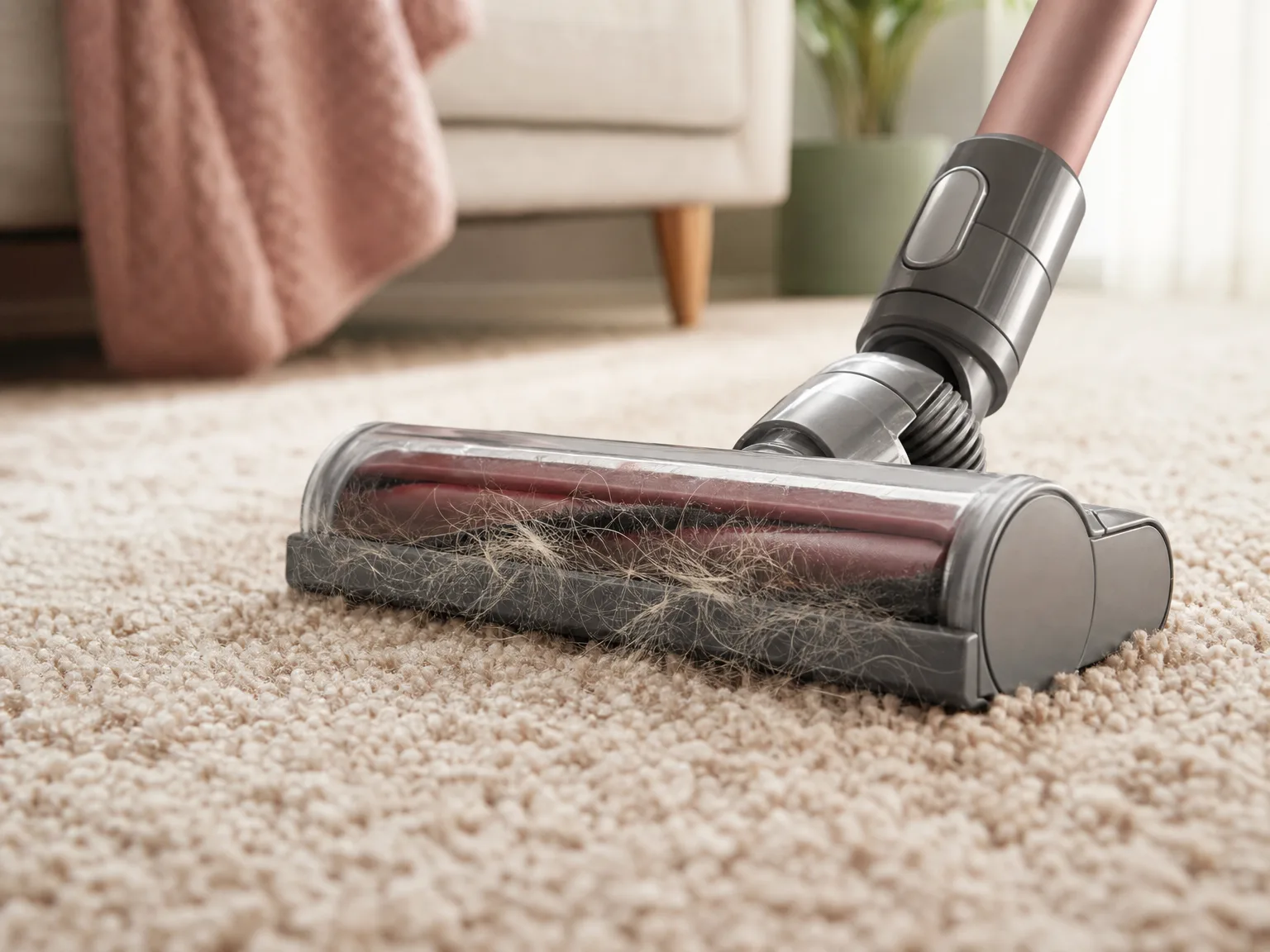 Close-up of an upright vacuum brush head lifting long hair and pet fur from a medium-pile living room carpet