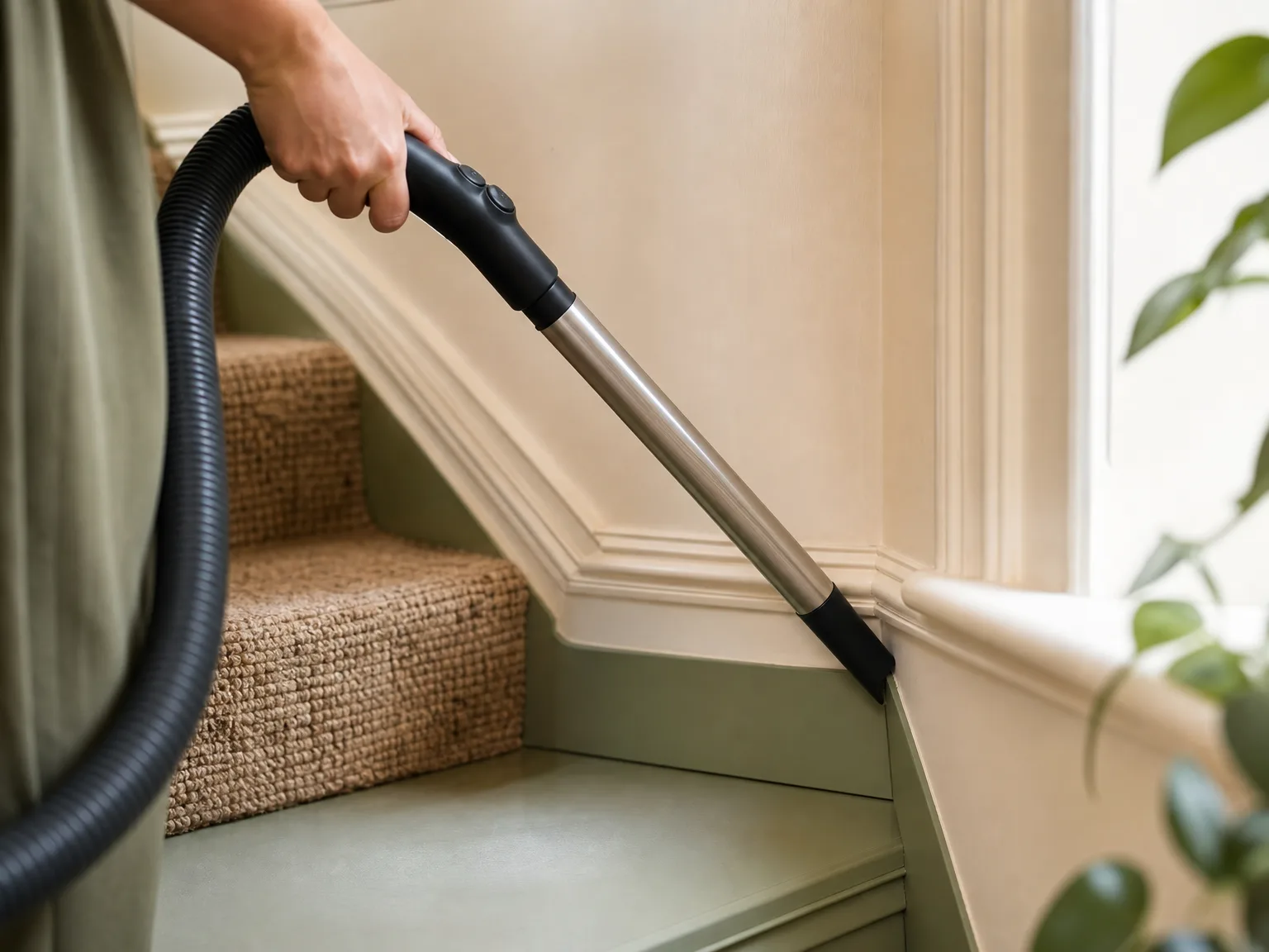 Close-up of a vacuum hose and wand near a staircase corner showing limited stretch for ceiling reach