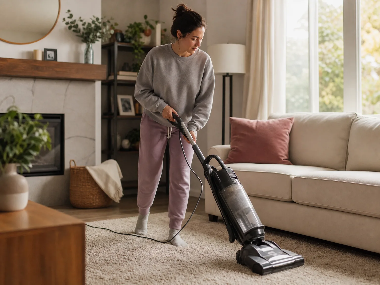 Woman using a bagged upright vacuum on a sunlit living room carpet with a cream sofa and rose accent pillow nearby