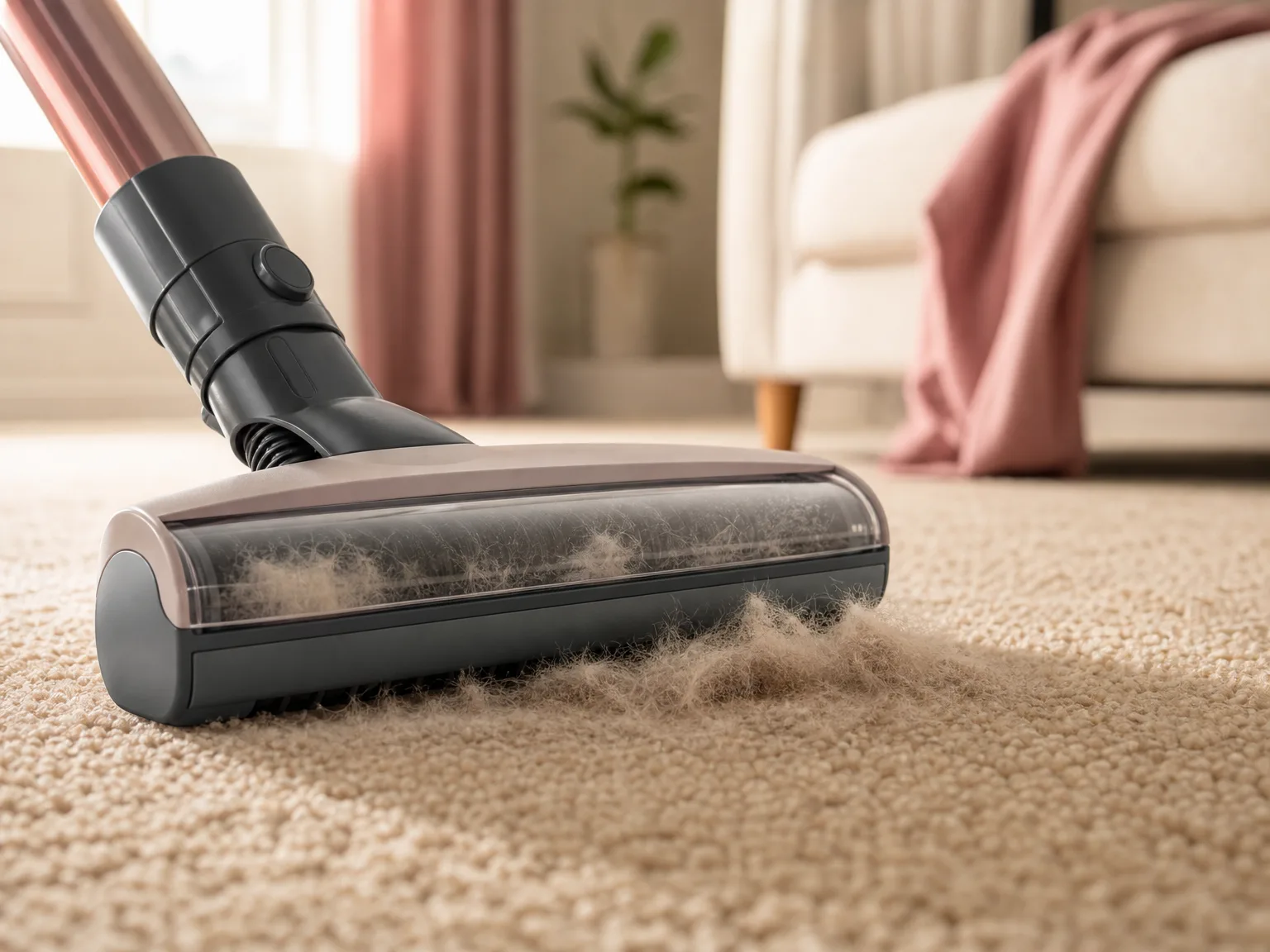 Close-up of a bagged upright vacuum brush head lifting pet hair from a medium-pile beige carpet