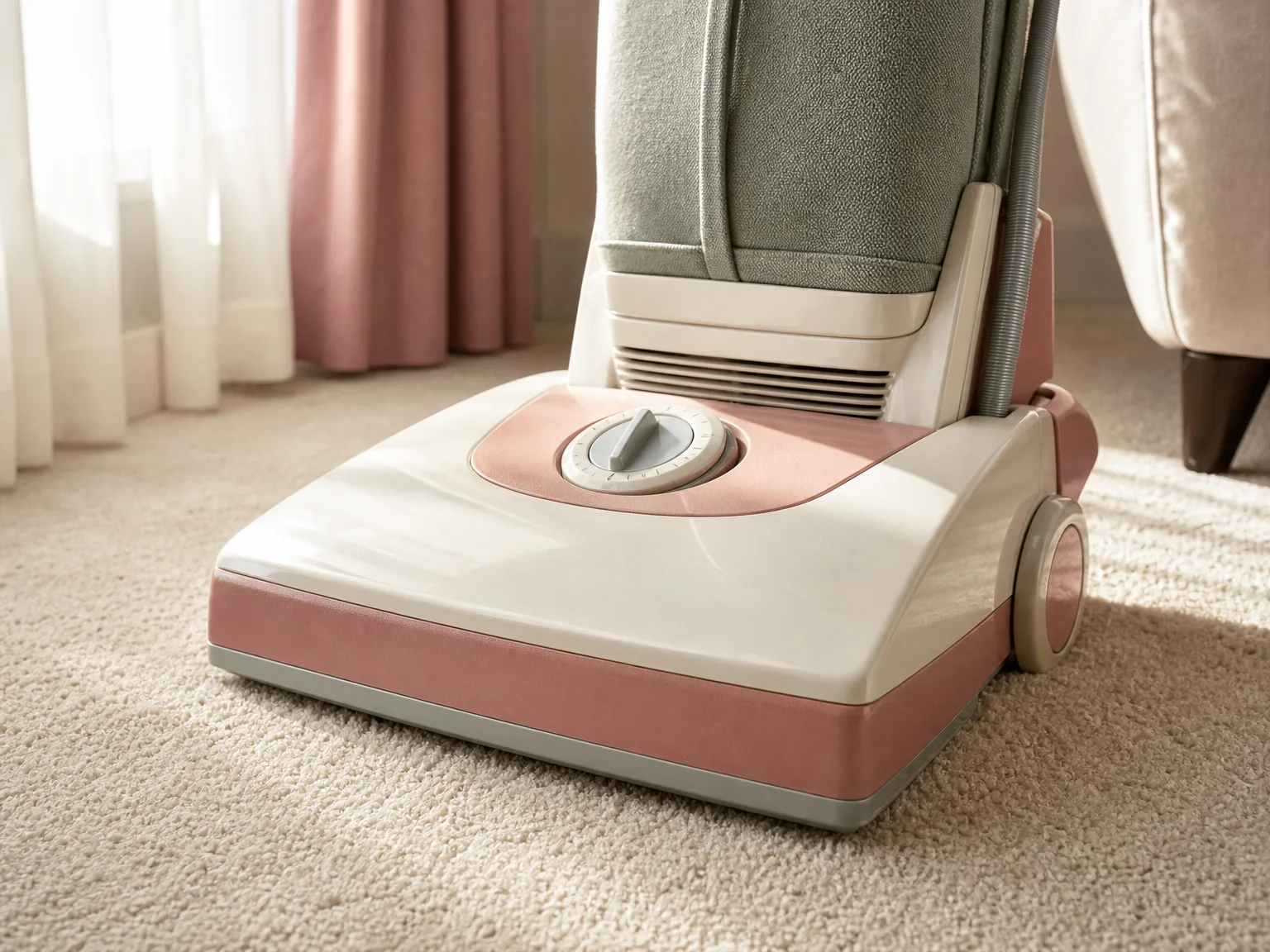 Close-up of a heavy upright vacuum base and manual height dial on a cream carpet