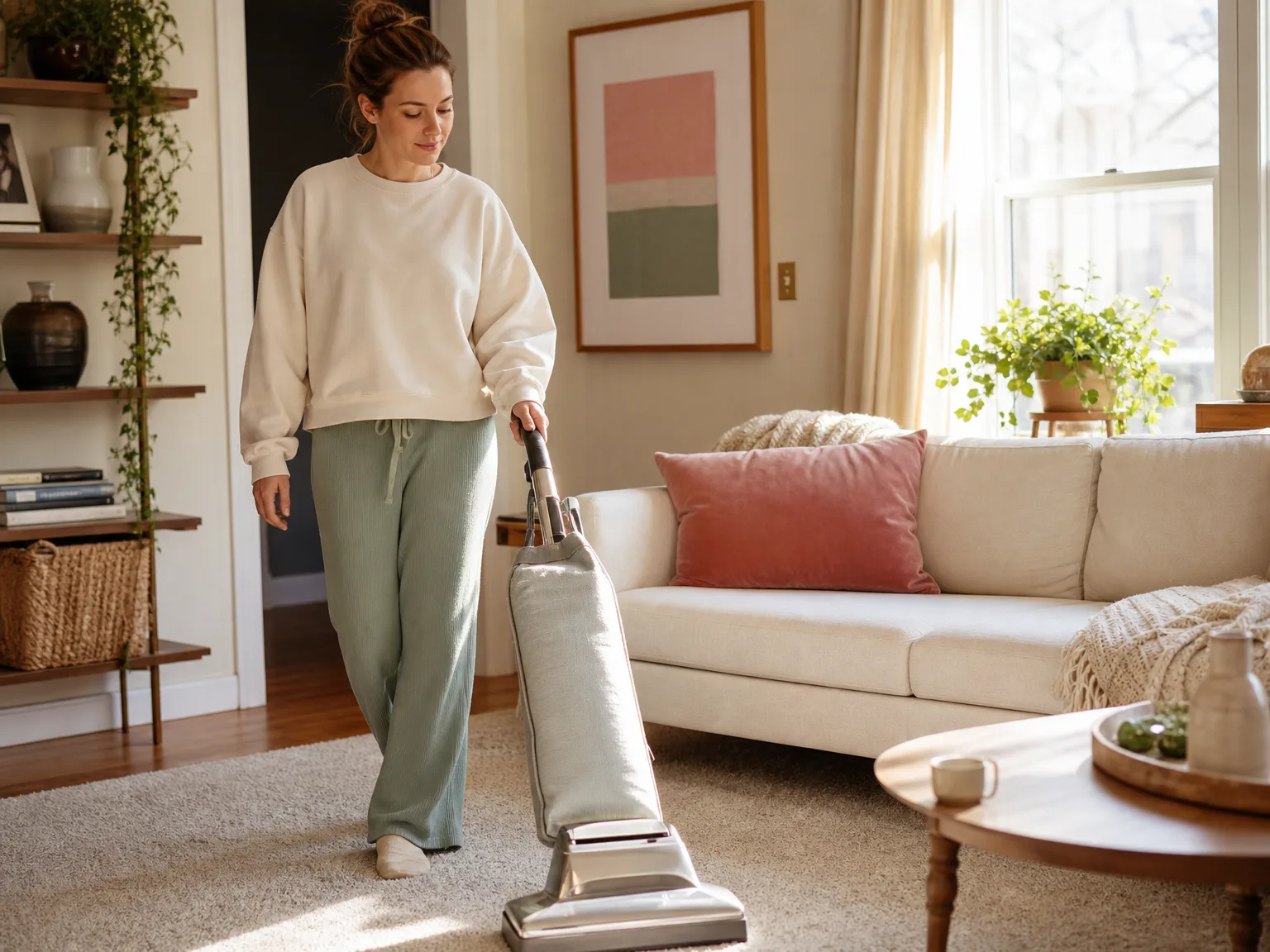 Woman guiding a bagged upright vacuum across a sunlit living room carpet with a cream sofa behind her