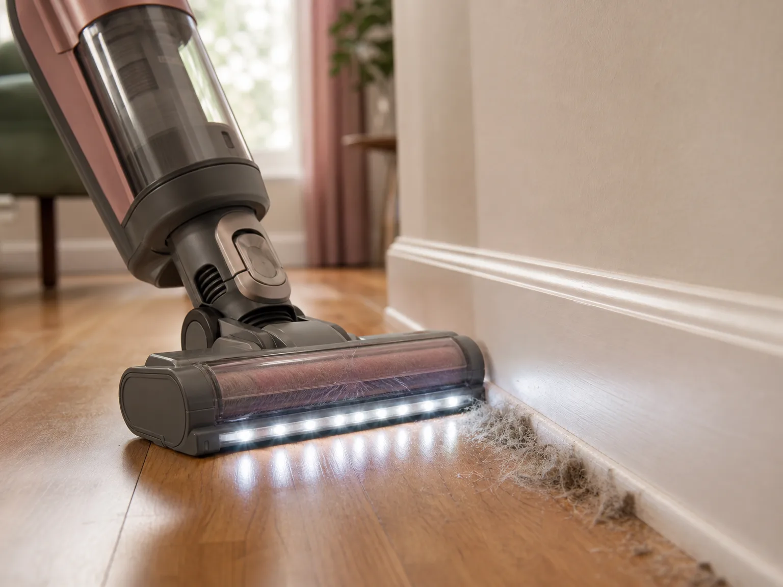 Close-up of an upright vacuum floor head with LED light revealing dust along a baseboard on hardwood